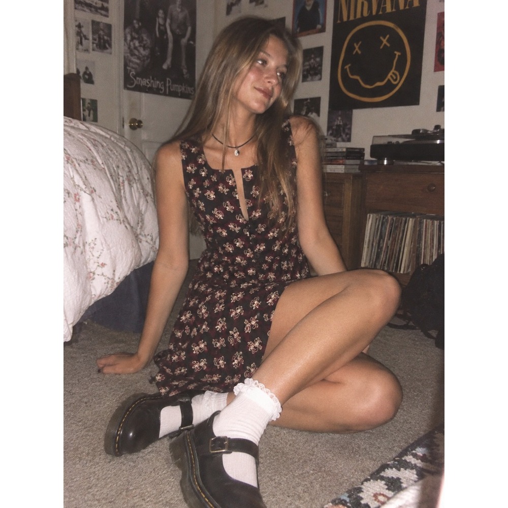 Vintage 90s Rampage Floral Dress Sz 5 Black Burgundy Grunge Whimsigoth Indie